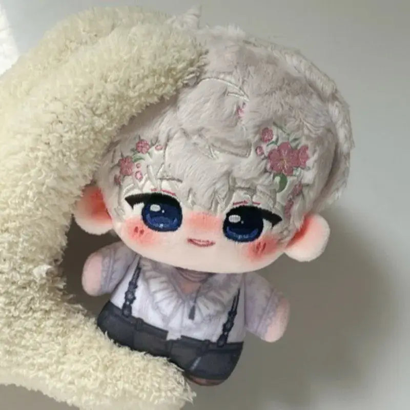 Love and deepspace keychain cute cartoon bag charm plush doll with silver-gray hair and pink floral embroidery