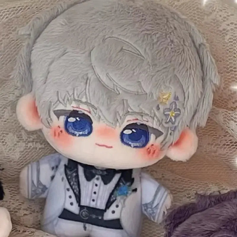 Love and deepspace keychain plush doll with silver-gray hair blue eyes and white tuxedo bag charm cute cartoon design
