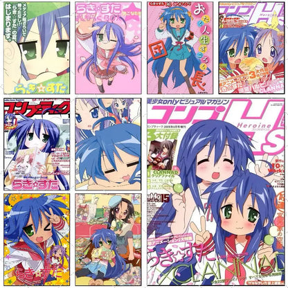 A collection of colorful magazine covers with ranka lee from clannad featured in lucky star wall art design