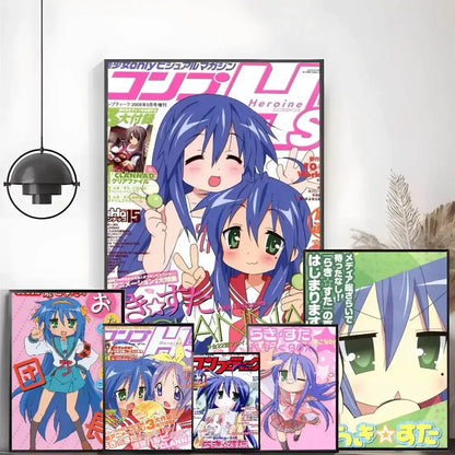 A framed lucky star konata poster featuring two anime girls with blue hair and green eyes in school uniforms wall art