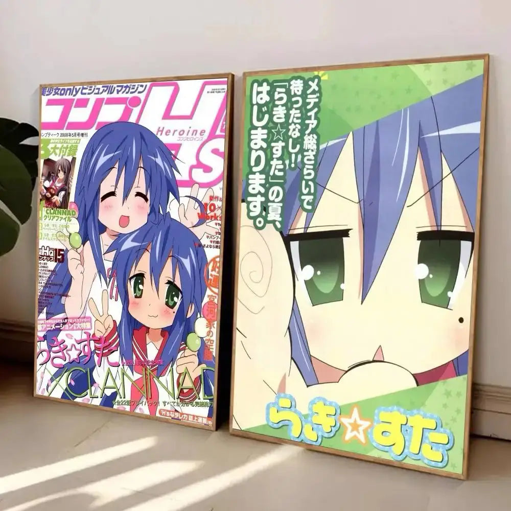 Two framed lucky star wall art posters featuring blue hair and green eyes characters with magazine cover design