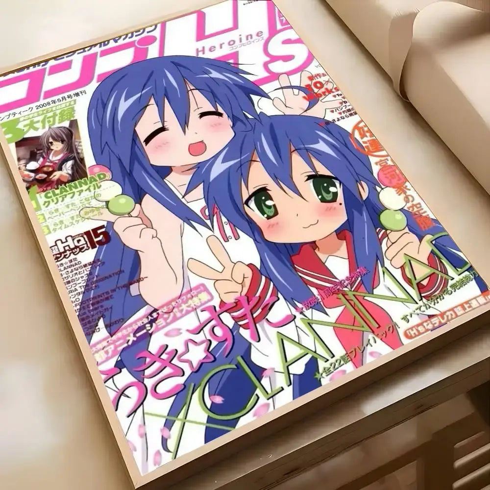 Lucky star konata poster featuring two blue-haired characters in school uniforms vibrant wall art design