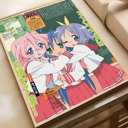 Colorful lucky star wall art anime magazine cover with three school girls featuring pink blue and purple hair