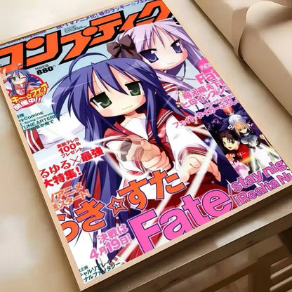 A vibrant lucky star wall art poster featuring konata with long purple hair and green eyes in a red and white outfit