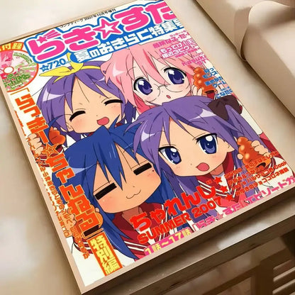 Colorful lucky star wall art poster featuring four anime girls with vibrant hair on a bright background