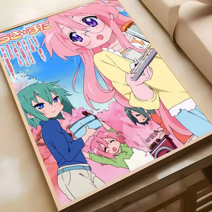 A framed lucky star konata poster featuring vibrant pink and green characters with cherry blossoms wall art