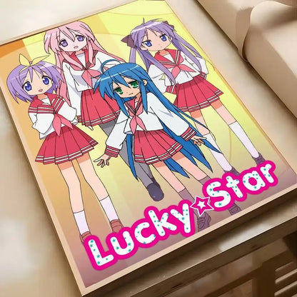 Lucky Star anime-themed rectangular mat with four characters in colorful sailor uniforms on yellow wall art background