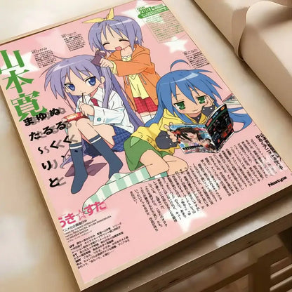 Pink magazine cover wall art featuring lucky star anime girls with purple blue and orange hair on light pink background