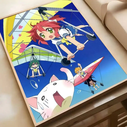 A vibrant lucky star wall art poster featuring konata in a blue and white sailor outfit piloting a hang glider with characters below