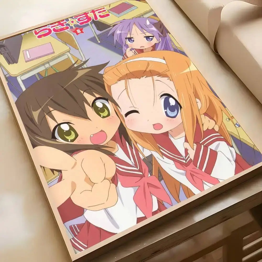 A framed lucky star konata poster featuring three cheerful schoolgirls with vibrant green blue and purple eyes wall art
