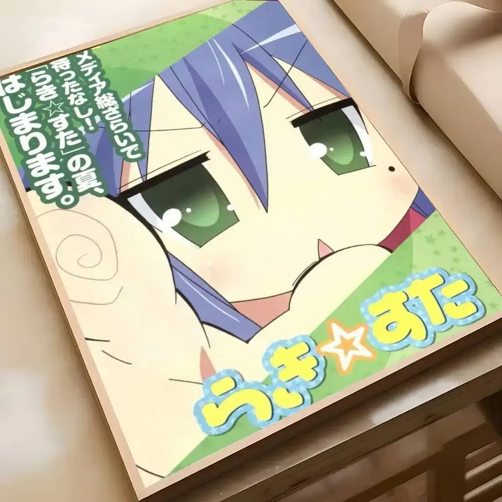 A framed lucky star konata poster with vibrant blue hair and green eyes on bright green wall art for room decor