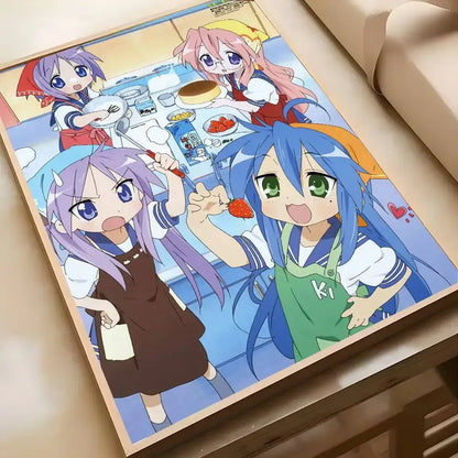 A framed lucky star konata poster featuring colorful chibi characters in aprons kitchen wall art with waterproof vinyl