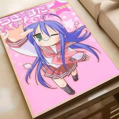 Pink framed lucky star konata poster featuring blue haired girl waving in school uniform starry background wall art