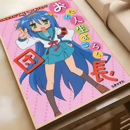 A vibrant pink lucky star wall art poster featuring an anime girl with blue hair and green eyes in hd self-adhesive design