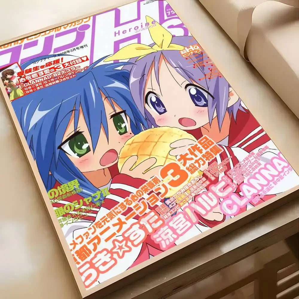 Lucky star konata poster wall art features vibrant anime characters with blue and purple hair holding a pineapple