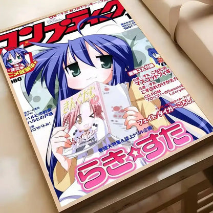 A vibrant lucky star wall art poster featuring blue-haired konata holding an open book with bold pink and red text