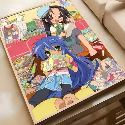 A framed lucky star konata poster featuring two characters with blue and dark hair in vibrant hd wall art