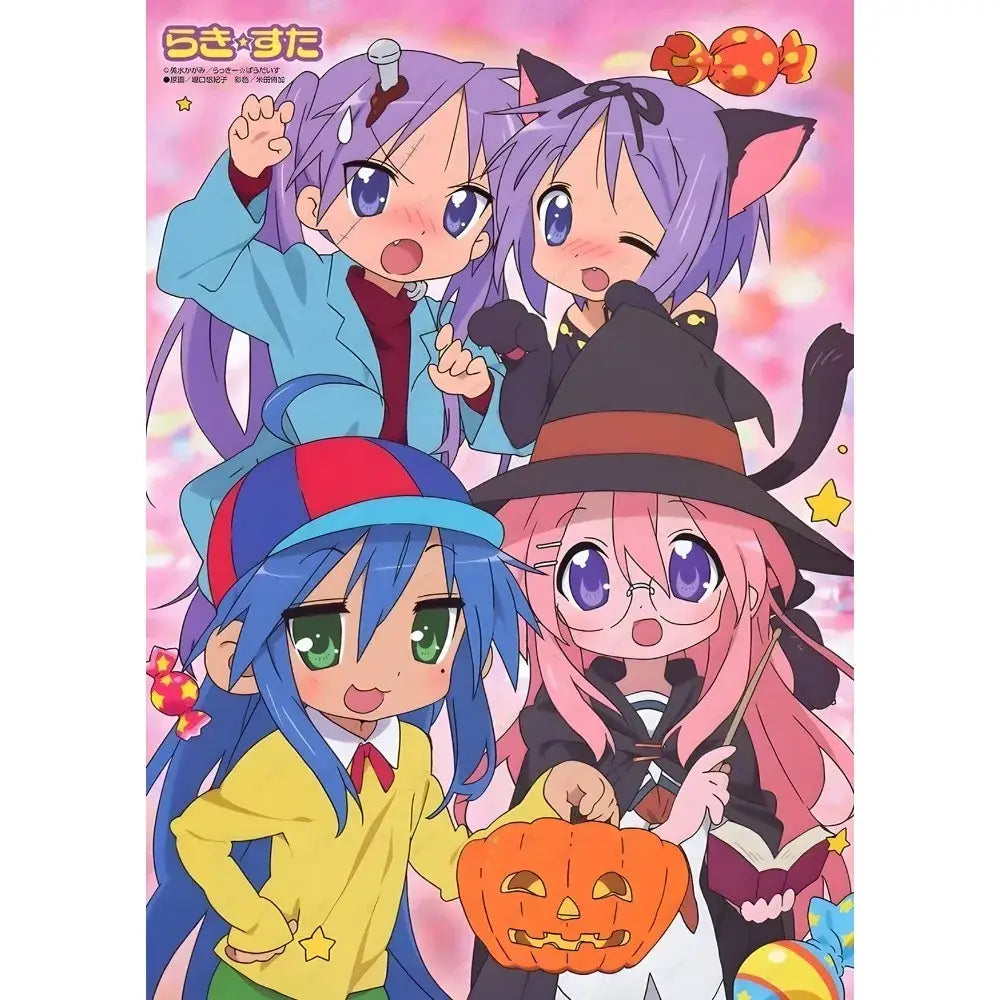 Halloween-themed lucky star waterproof poster with four chibi girls in colorful costumes on pink background wall art sticker