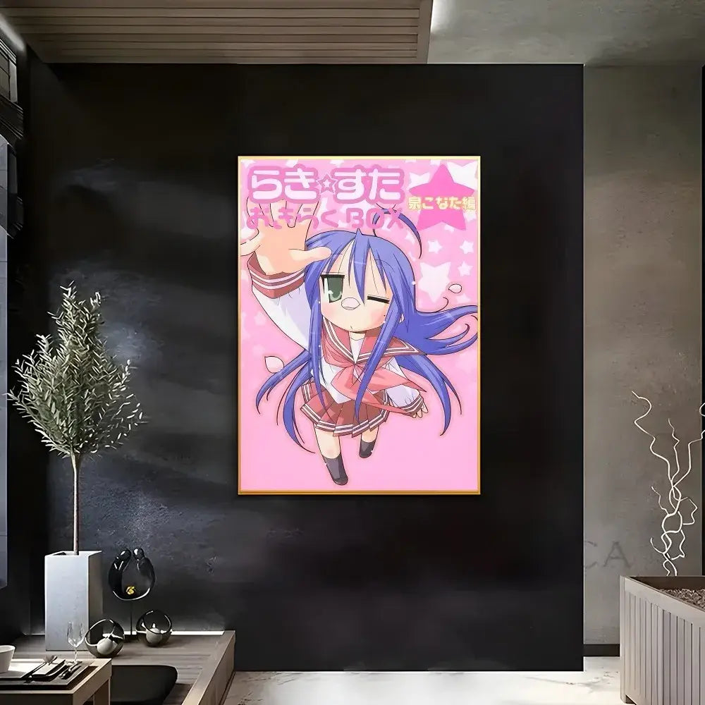 A framed lucky star waterproof poster featuring a blue-haired character in a school uniform on a pink star background