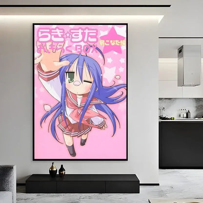 A framed lucky star waterproof star waterproof poster with a blue-haired anime character in a school uniform on pink background