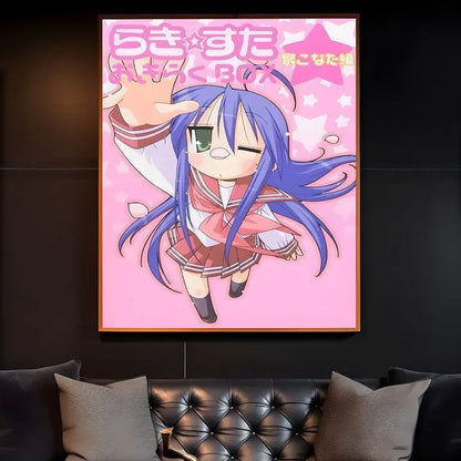 Pink-framed lucky star waterproof poster featuring chibi girl with blue hair in red and white school uniform wall art sticker