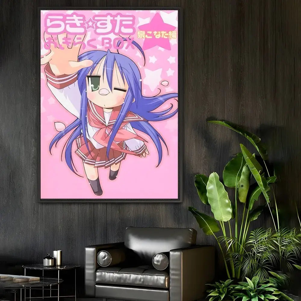 Pink framed lucky star waterproof poster featuring blue-haired character in school uniform waving against starry background