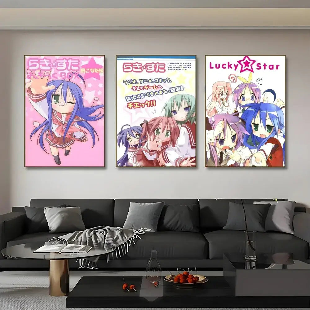 Three framed lucky star waterproof anime posters displayed above a black sofa as star waterproof wall art sticker
