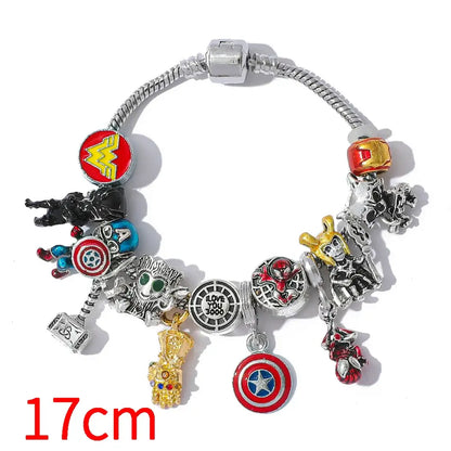 Silver snake-link superhero pendant bracelet with colorful marvel superhero charms including wonder woman and spider-man