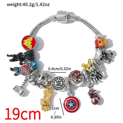 Silver-toned marvel superhero pendant bracelet with character charms including wonder woman iron man and captain america