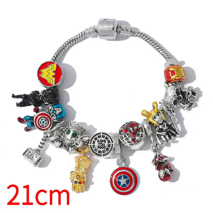 Silver-toned marvel superhero pendant bracelet with beads of wonder woman captain america iron man spider-man and infinity gauntlet