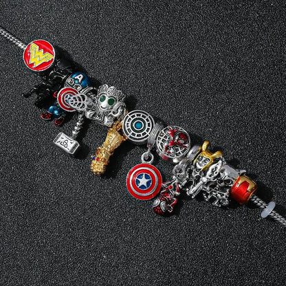 Marvel superhero pendant bracelet featuring metallic superhero charms of Wonder Woman, Captain America, Iron Man, Thor, and Spider-Man
