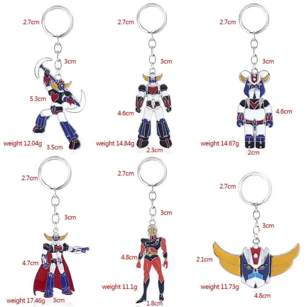 Collection of six enamel-coated metal mazinger z bombardier logo keychains with silver rings for car accessories