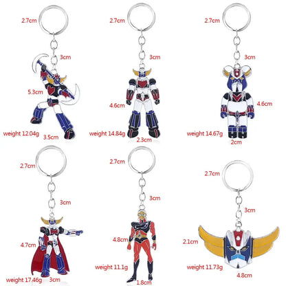 Collection of six enamel-coated metal mazinger z bombardier logo keychains with silver rings for car accessories