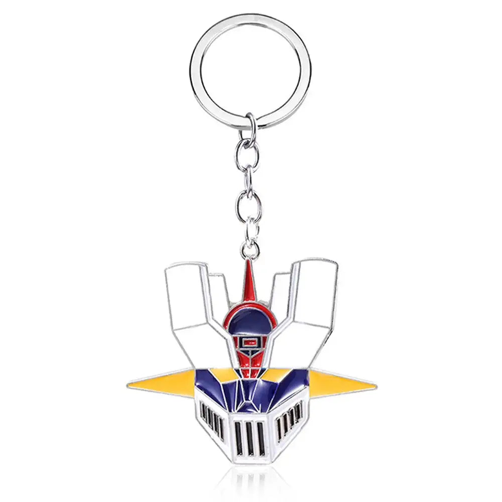 A metallic mazinger z bombardier logo keychain featuring a robot head with red blue and yellow enamel details
