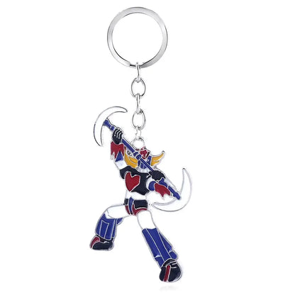 A metallic mazinger z bombardier logo keychain with colorful red blue and white enamel robot for car accessory