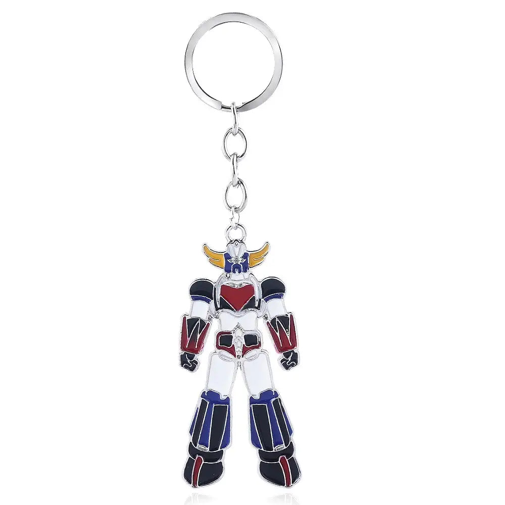 A metallic enamel mazinger z keychain with red white blue and gold accents featuring the bombardier logo