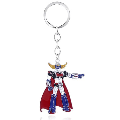 A metallic mazinger z bombardier logo keychain featuring a detailed red blue and silver enamel zagato robot figure