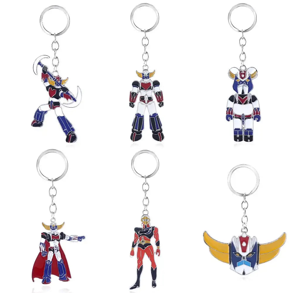 Set of six colorful enamel mazinger z bombarder logo robot keychains with detailed designs for car accessory use