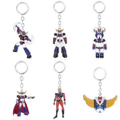 Set of six colorful enamel mazinger z bombarder logo robot keychains with detailed designs for car accessory use