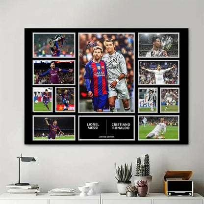 Black-framed collage wall decor featuring signed photographs of lionel messi and cristiano ronaldo in club jerseys for boys room