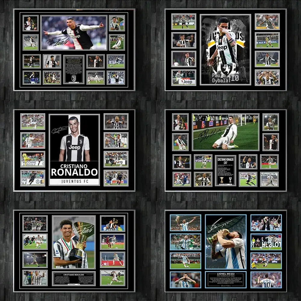 Black-framed collage wall decor featuring signed photos of messi ronaldo and dybala in juventus and argentina kits