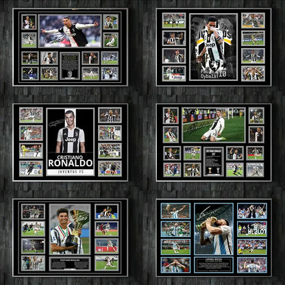 Black-framed collage wall decor featuring signed photos of messi ronaldo and dybala in juventus and argentina kits