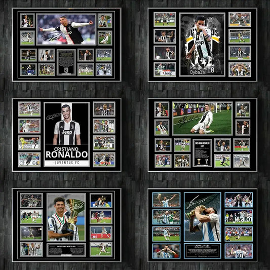 Black-framed collage wall decor featuring signed photos of messi ronaldo and dybala in juventus and argentina kits