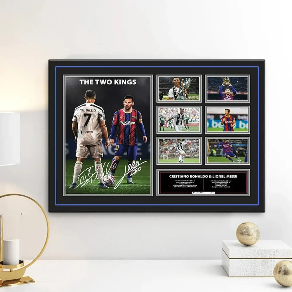 Black-framed signed sports memorabilia collage featuring cristiano ronaldo and lionel messi for boys room wall decor