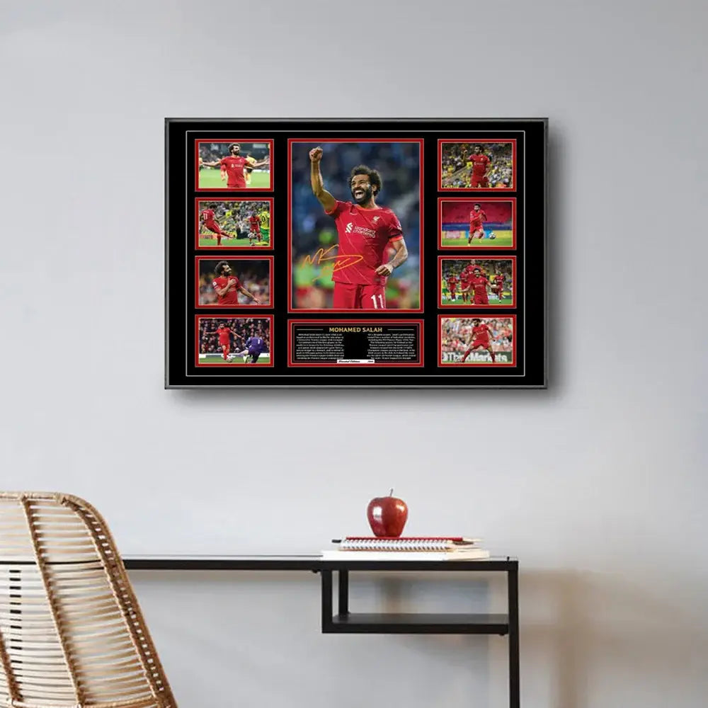 Black-framed collage wall decor of mohamed salah in red liverpool jersey with signature and number 11 for boys room