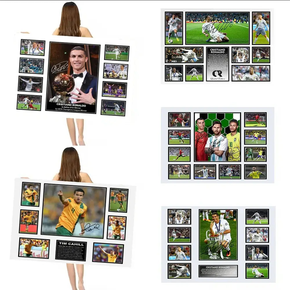 A framed wall decor collage of cristiano ronaldo holding the ballon dor trophy with action photos and signature