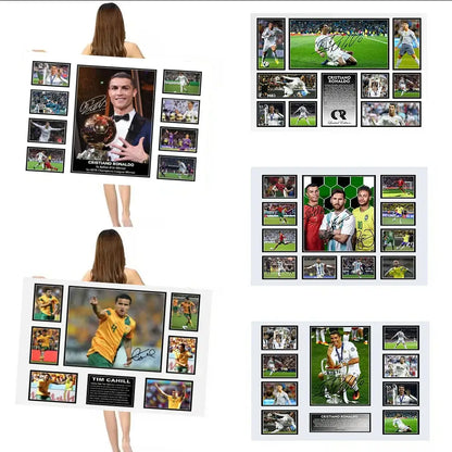 A framed wall decor collage of cristiano ronaldo holding the ballon dor trophy with action photos and signature