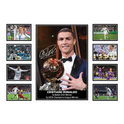 A framed football collage wall decor featuring cristiano ronaldo with golden ballon d’or for boys room gift