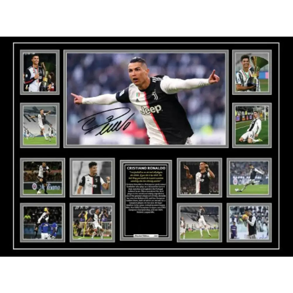 Black-framed wall decor collage featuring cristiano ronaldo in juventus jersey with autograph for boys room gift
