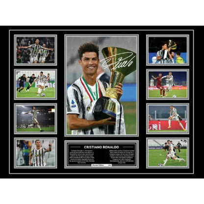 Signed gold and black trophy held by Cristiano Ronaldo in a framed collage for Messi football poster canvas wall decor